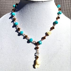 White lily, rose with turquoise and copper beaded necklace